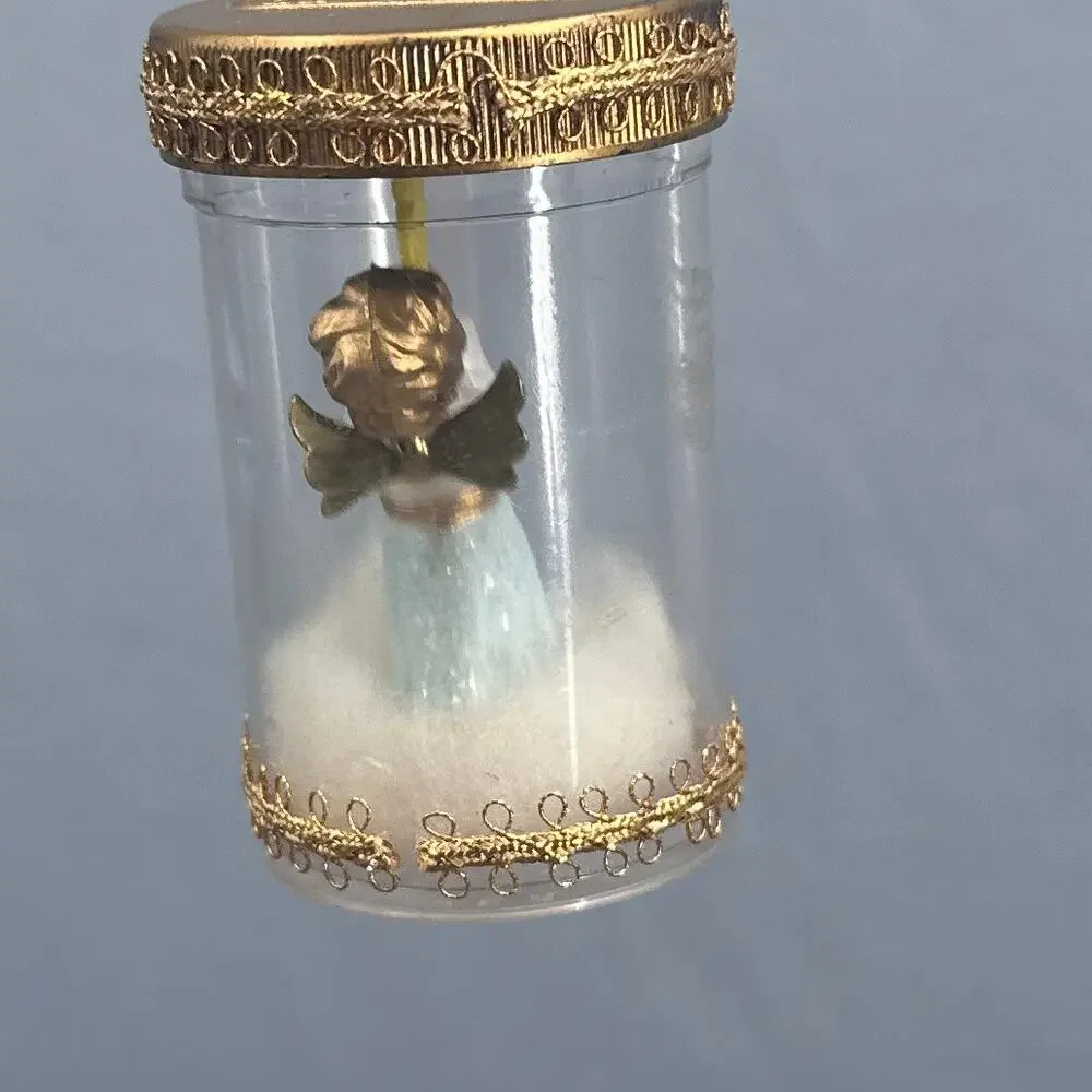 VTG Handmade Baby Angel Pill Bottle Ornament Set 3 Plastic Diorama Gold Trim 50s